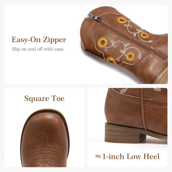 ⚡Girls Brown Floral Embroidered Cowgirl Boots Western Square Toe Mid Calf - Picture 4 of 8